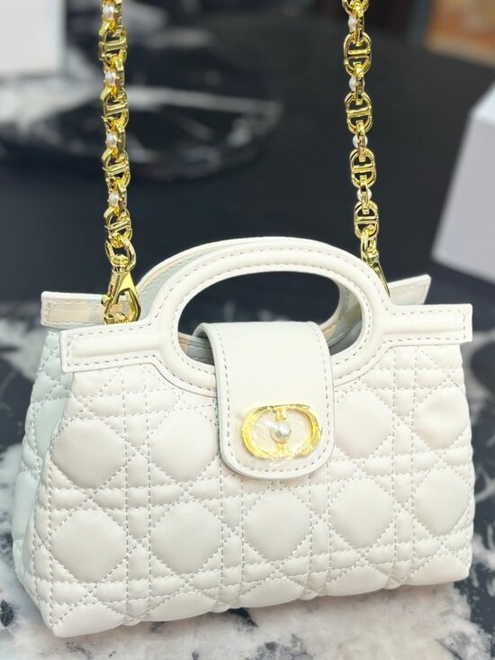 Dior® Handbags - Dior Jolie Mini Top Handle Bag White Cannage Quilted Pearl Chain Crossbody